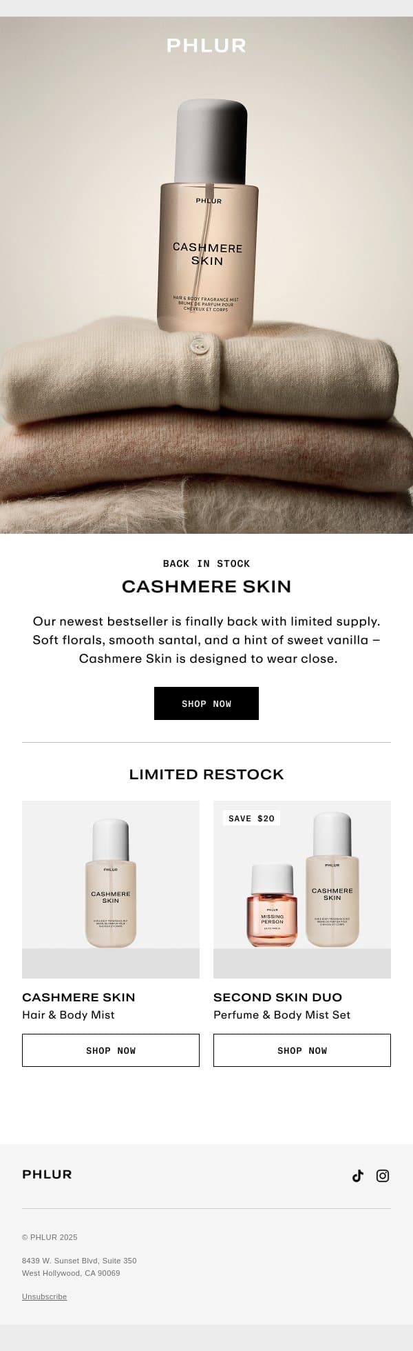 Back In Stock – Cashmere Skin email from Phlur screenshot