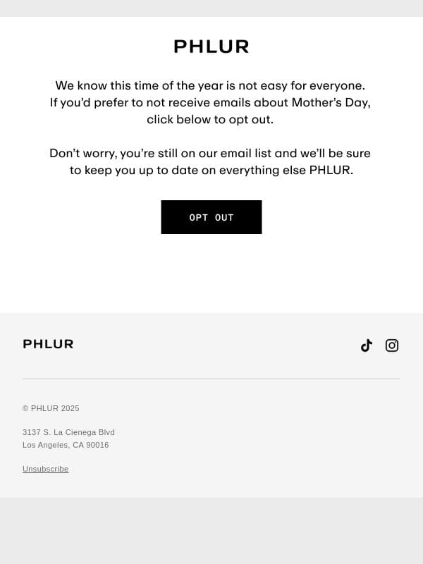 A Note About Mother’s Day Emails email from Phlur screenshot