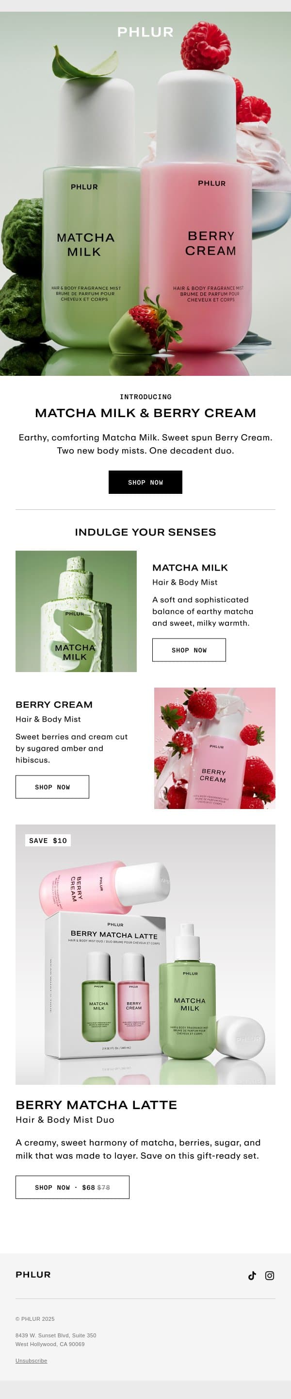 NEW: Matcha Milk & Berry Cream email from Phlur screenshot