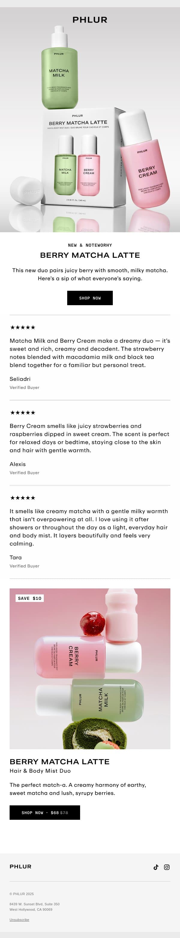 Sweet on Berry Matcha Latte email from Phlur screenshot