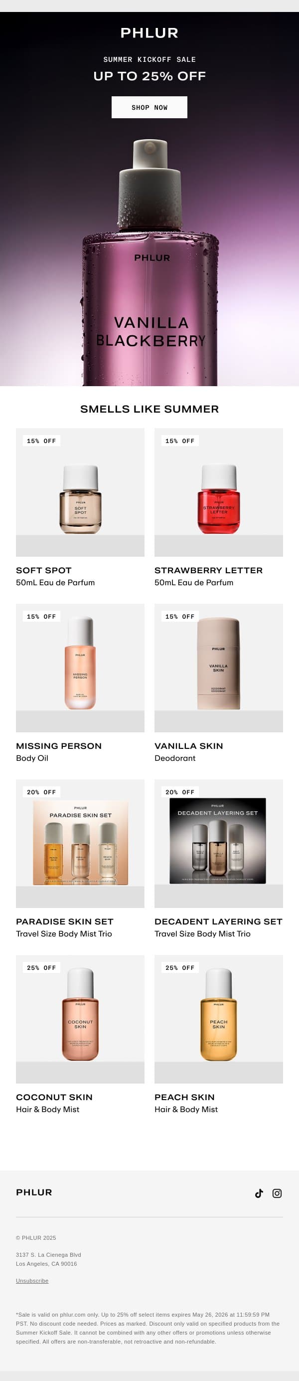 Starts Now: Up to 25% Off email from Phlur screenshot