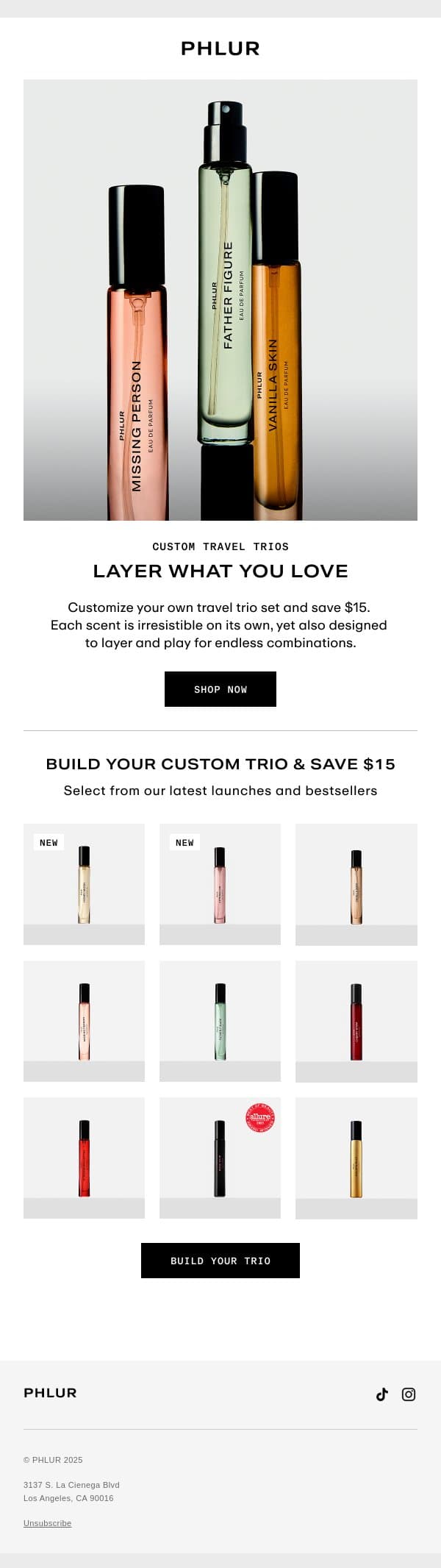 Pick 3, Save $15 email from Phlur screenshot