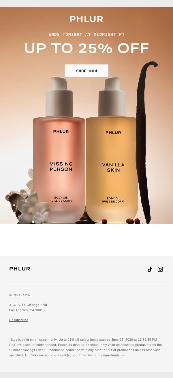 Last Call: Up To 25% Off email from Phlur screenshot