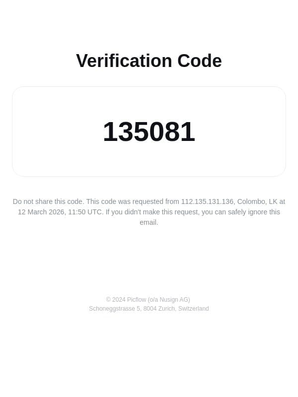 Your Verification Code: 135081 email from Picflow screenshot