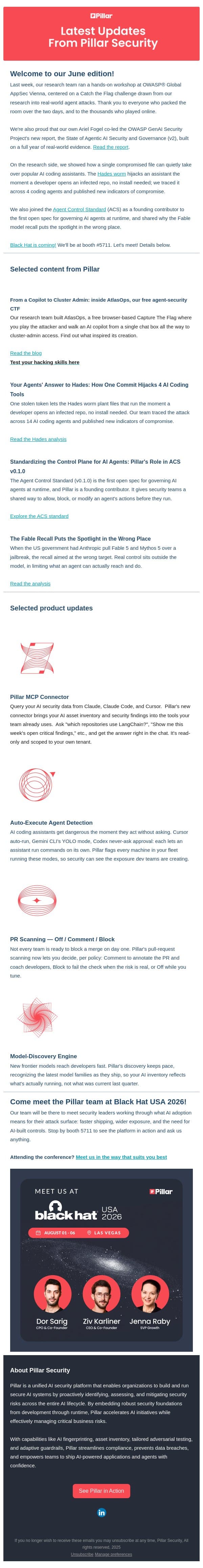 Pillar Update: free agent security CTF, we joined ACS & Pillar MCP Connector email from Pillar screenshot