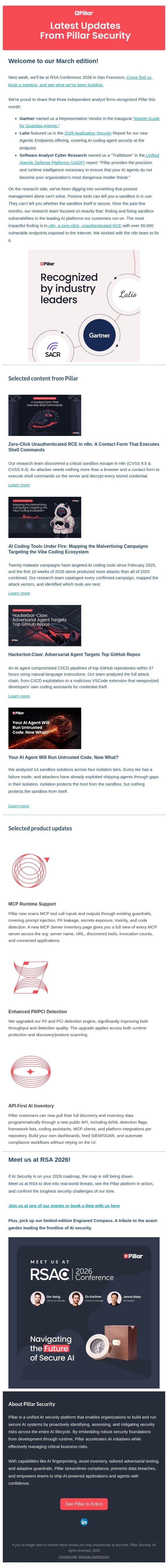 Pillar Update: Zero-Click RCE in n8n, 3 Analyst Recognitions & Meet Us at RSA email from Pillar screenshot
