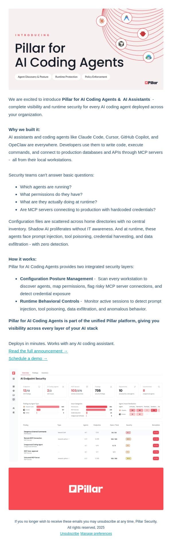 Introducing: Pillar For AI Coding Agents email from Pillar screenshot