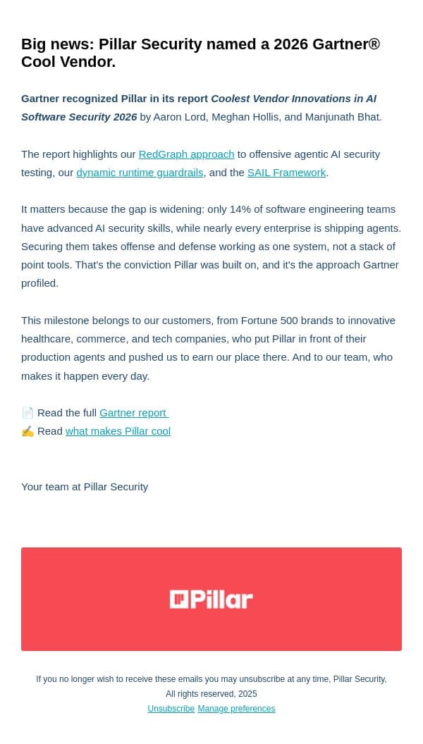 Pillar Security has been named a 2026 Gartner® Cool Vendor in AI Software Security email from Pillar screenshot