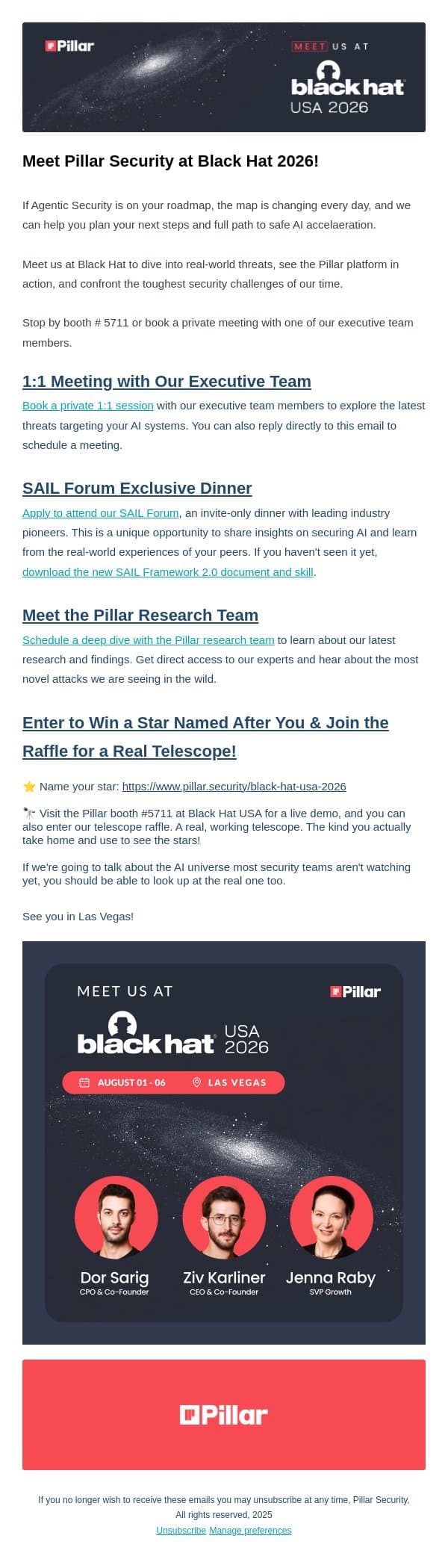 Meet Pillar Security at Black Hat 2026 email from Pillar screenshot