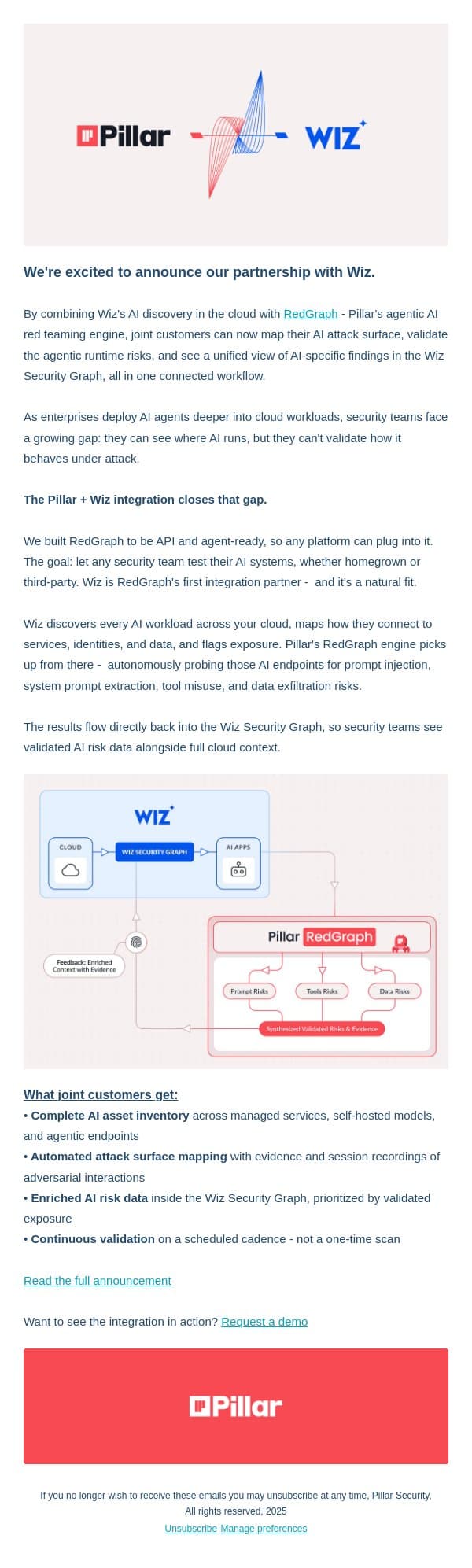 Announcing Pillar + Wiz Partnership: From AI Discovery to Attack Surface Mapping email from Pillar screenshot