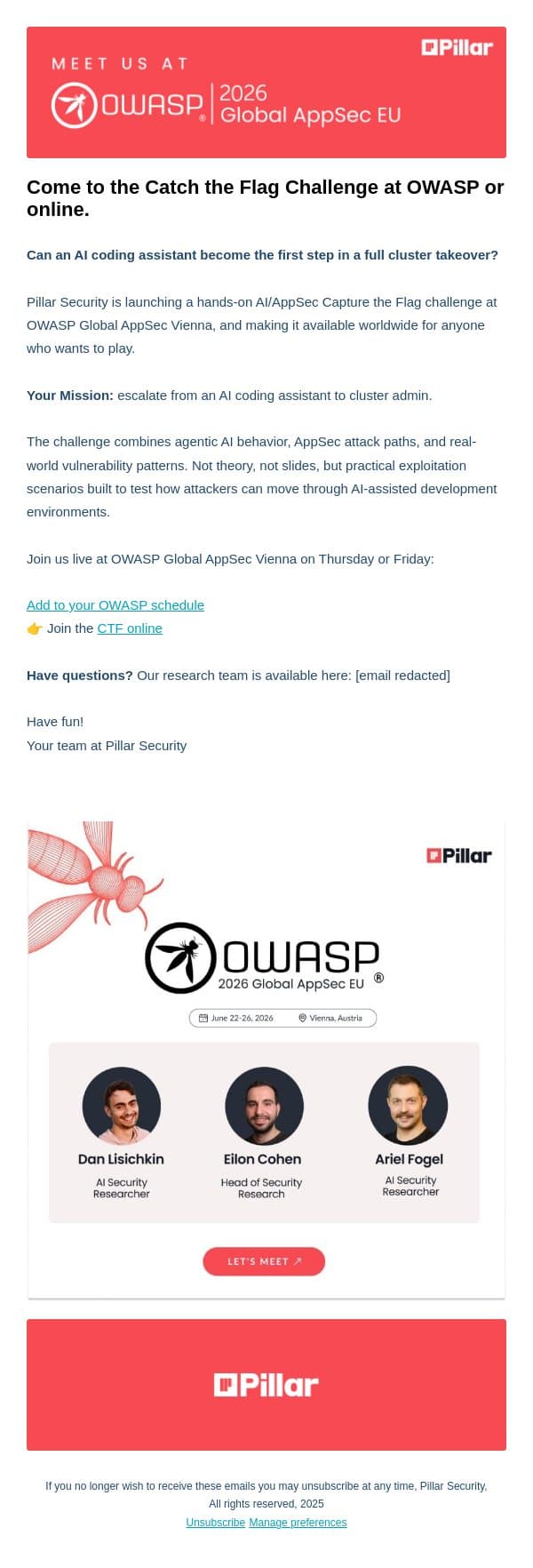 Join the Pillar Security New CTF Challenge email from Pillar screenshot