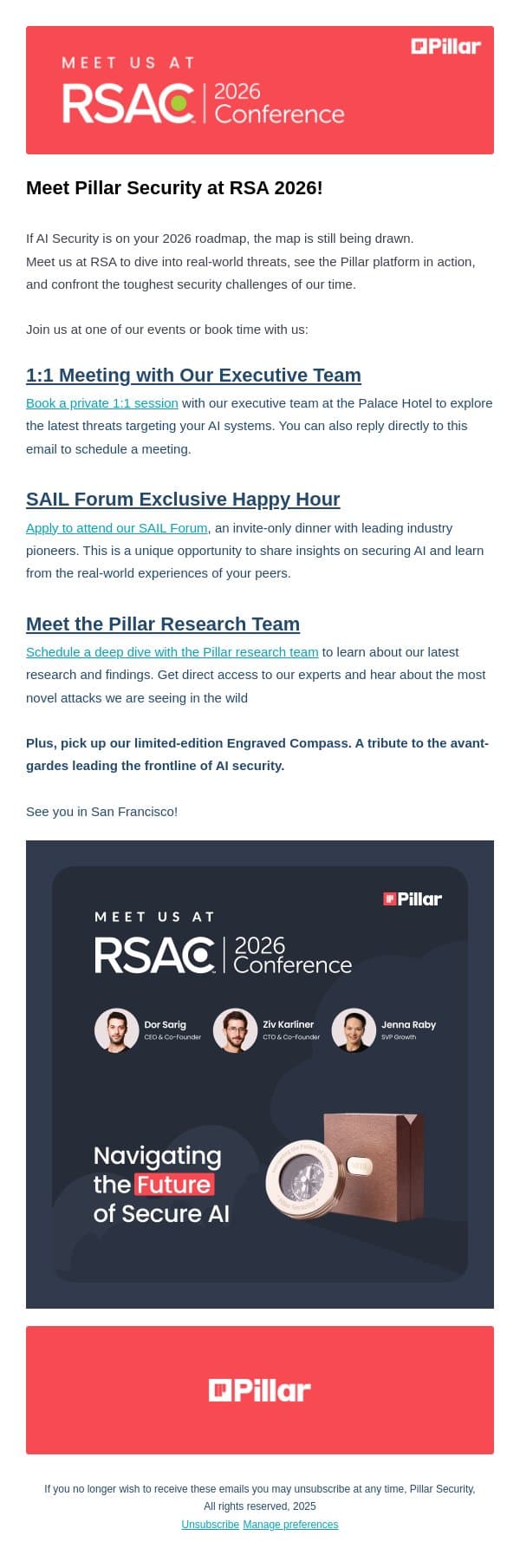 Meet Pillar Security at RSA 2026 email from Pillar screenshot