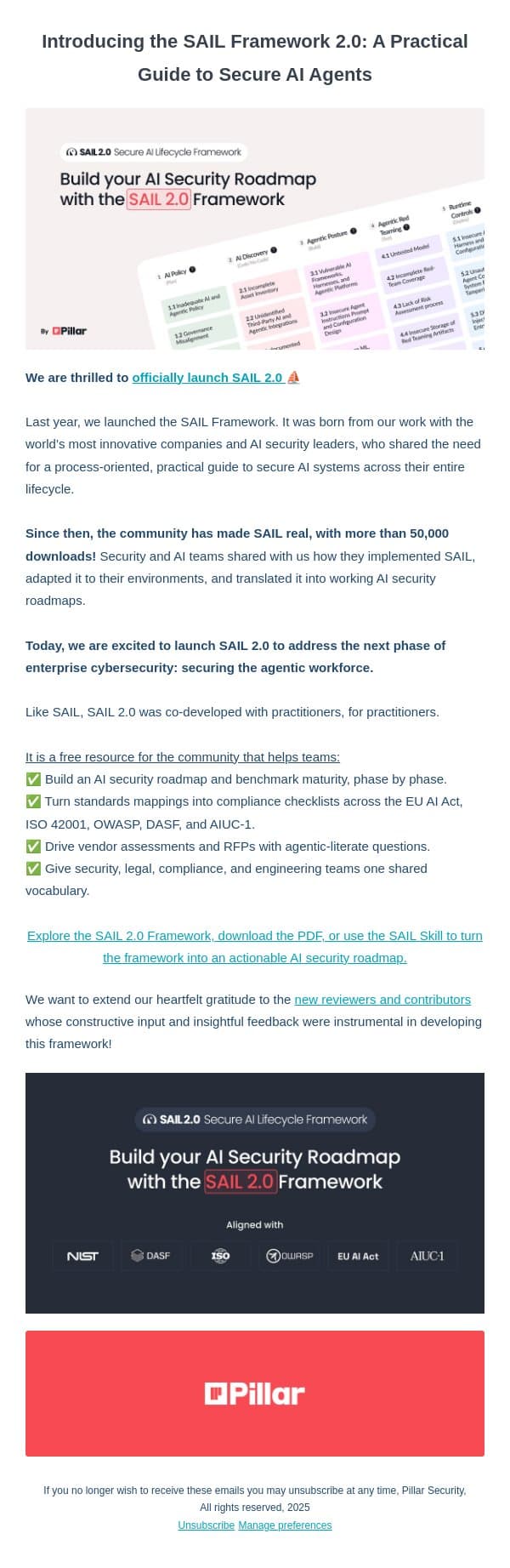 Introducing the SAIL 2.0 Framework: A Practical Guide to Secure AI Agents email from Pillar screenshot