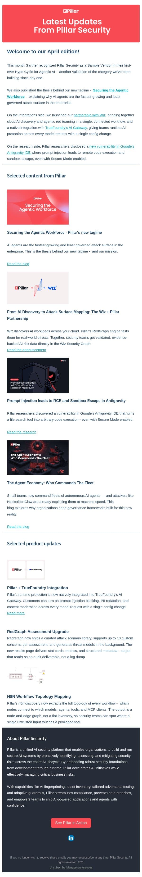 Pillar Update: Wiz + TrueFoundry Integrations, Gartner Recognition & Antigravity RCE email from Pillar screenshot