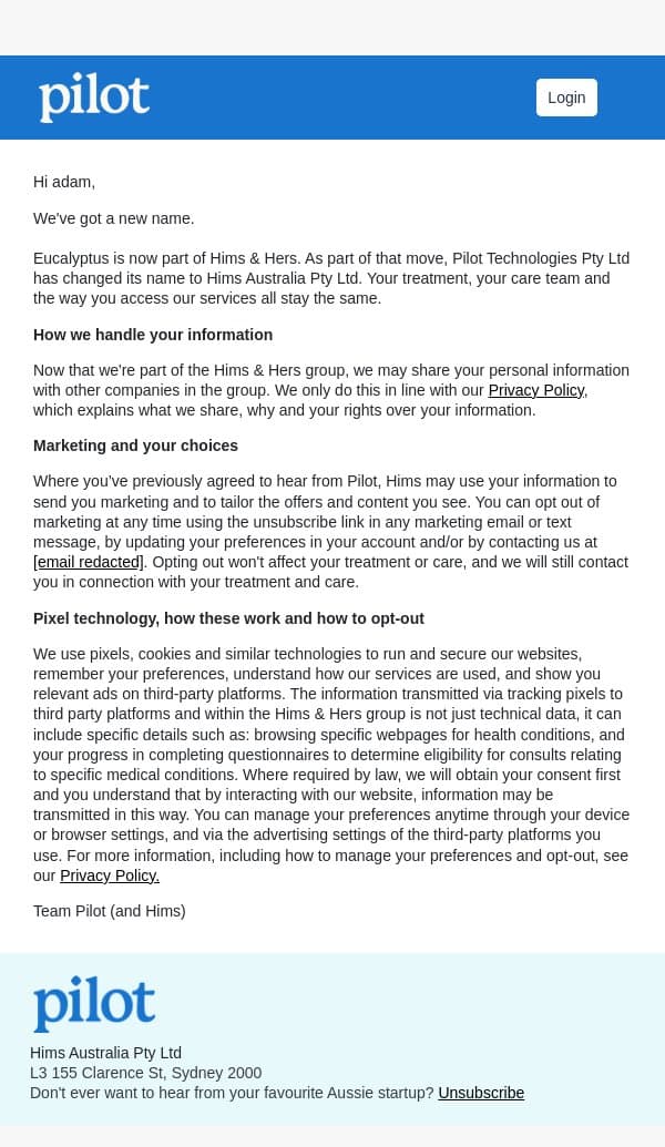 Privacy policy update email from Pilot screenshot