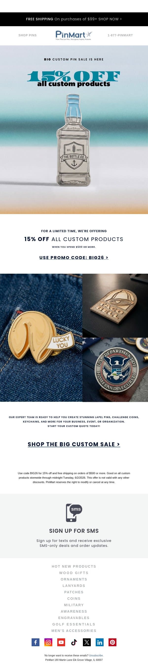Custom Pin Savings! 15% OFF + FREE Shipping on Your Next Order email from PinMart screenshot