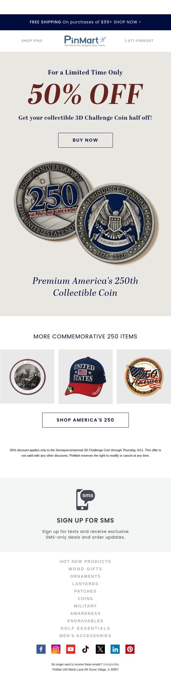 Celebration Coin for America's 250th Anniversary email from PinMart screenshot