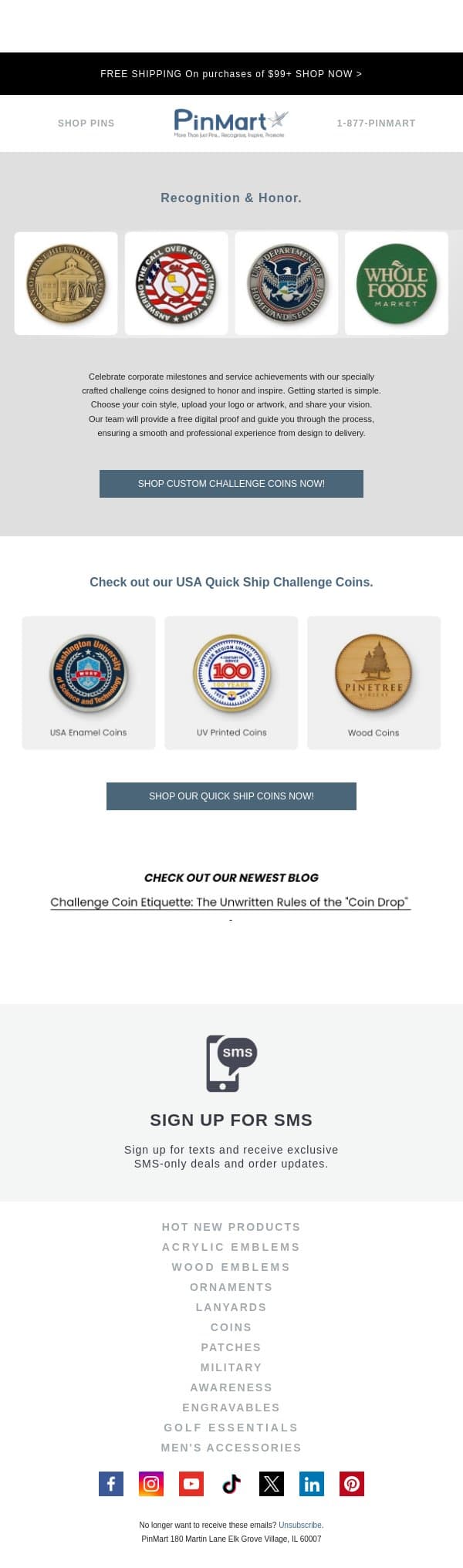 Respect Tradition with Custom Challenge Coins email from PinMart screenshot