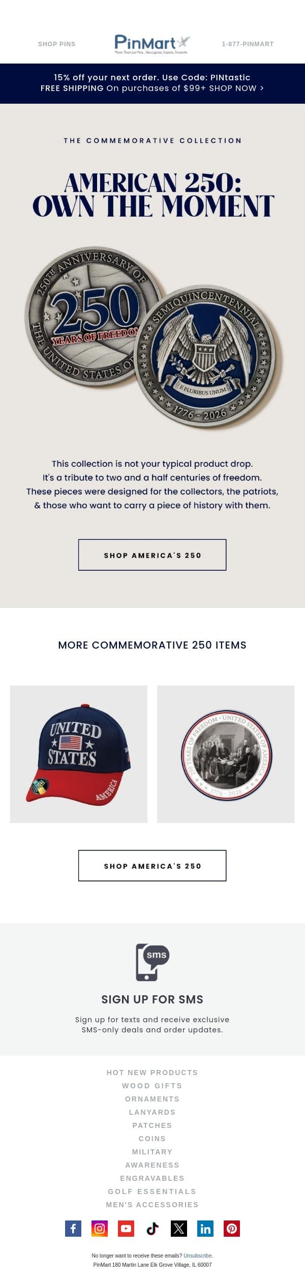 Celebrate 250 Years of America! 🎉 email from PinMart screenshot