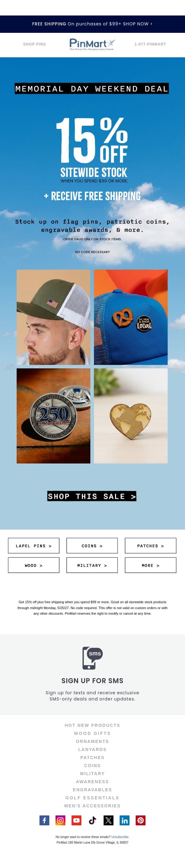 BIG STOCK SALE: 15% Off + FREE Shipping! email from PinMart screenshot