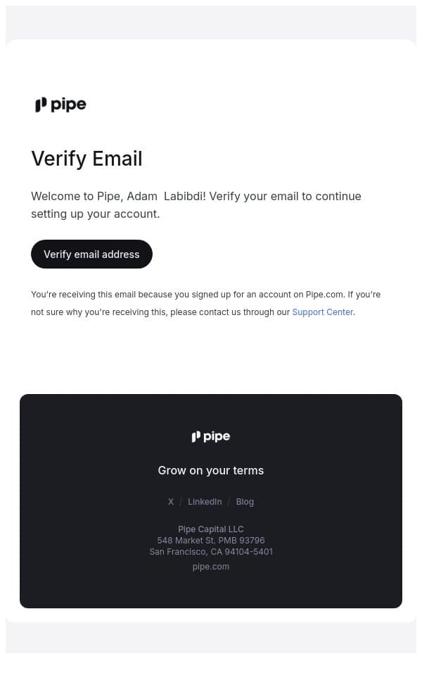 Pipe Email Verification email from Pipe screenshot