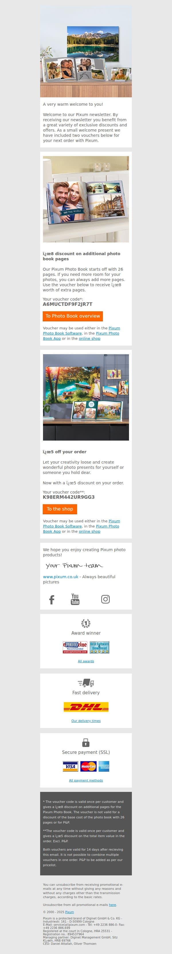 Welcome to the Pixum Newsletter | Enjoy your £8 Welcome Voucher email from Pixum screenshot