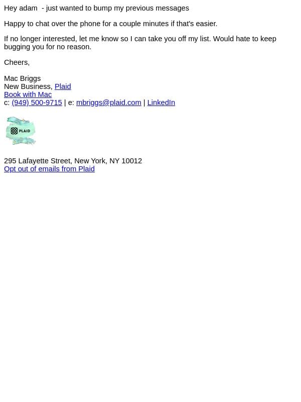 Touching base email from Plaid screenshot
