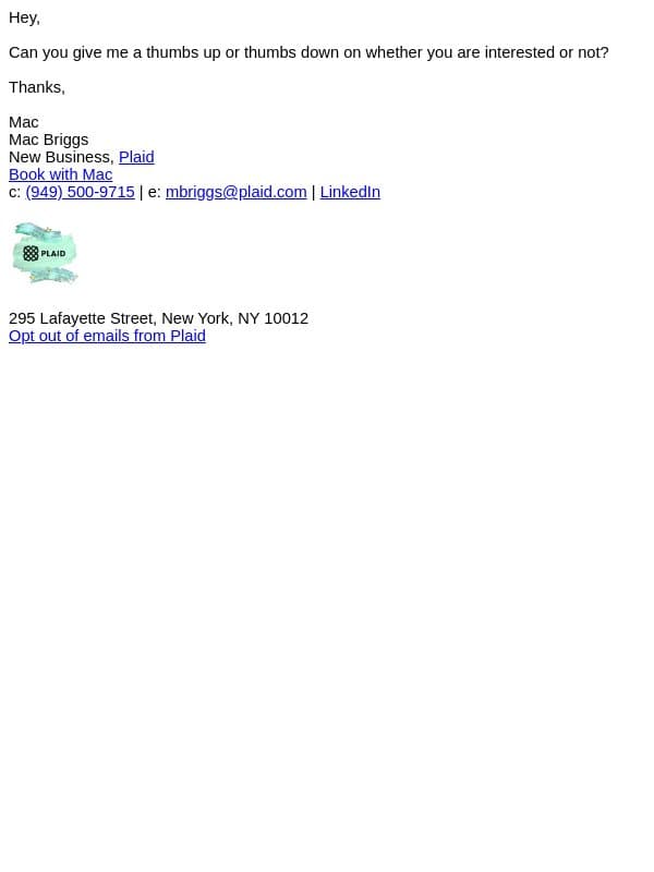 thumbs up? email from Plaid screenshot