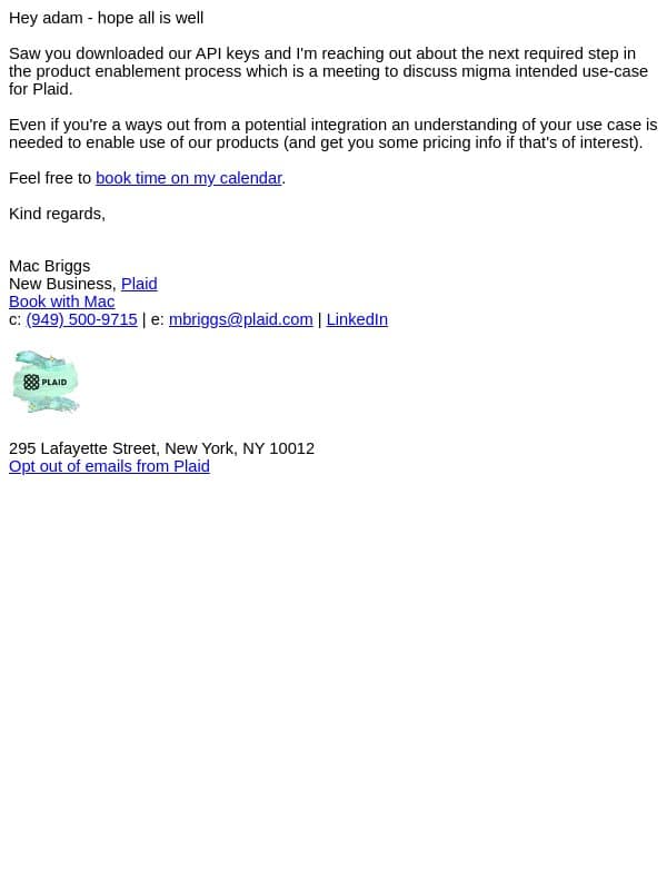 API Key Follow Up email from Plaid screenshot