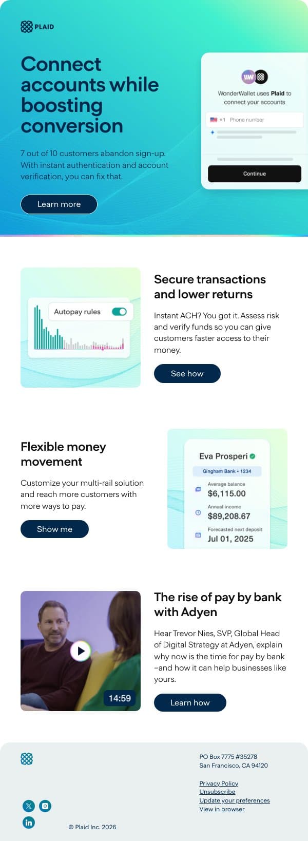Make payments faster and safer email from Plaid screenshot