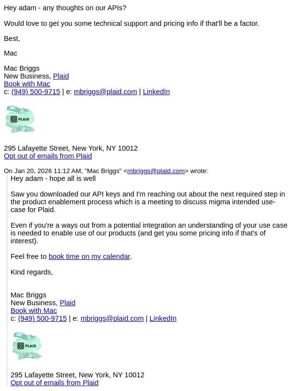 Re: API Key Follow Up email from Plaid screenshot