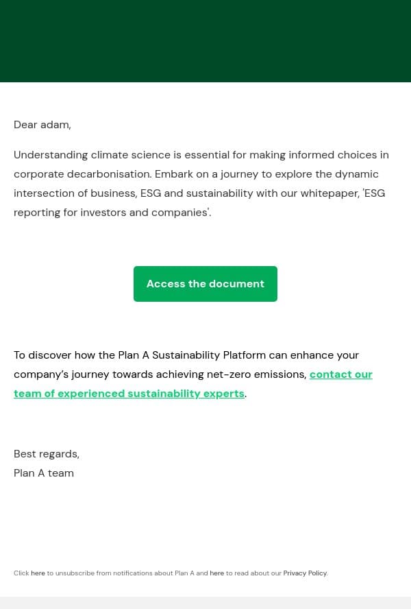 Your Plan A resource: ESG reporting for investors and companies email from Plan A screenshot