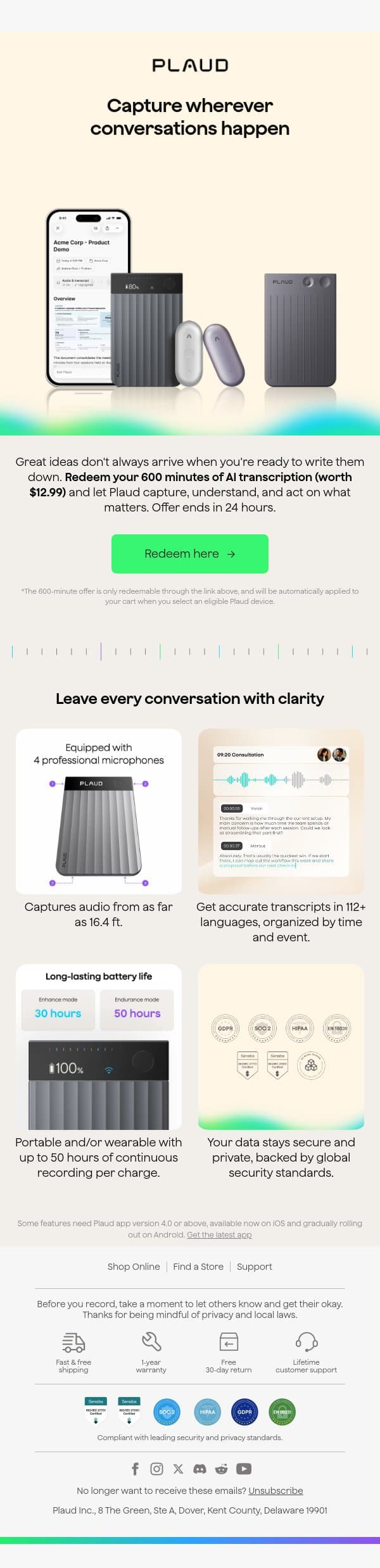 Transform conversations into insights anytime, anywhere email from Plaud screenshot