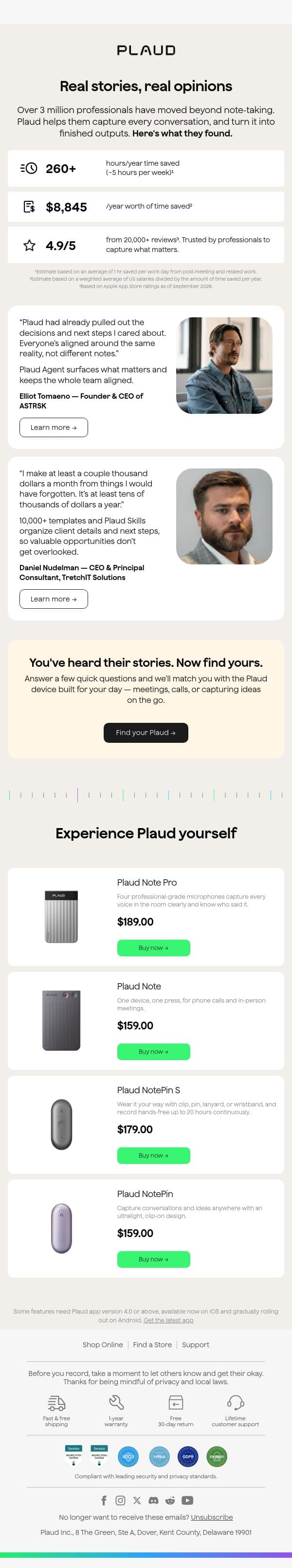 Loved by 3M+ professionals globally. email from Plaud screenshot