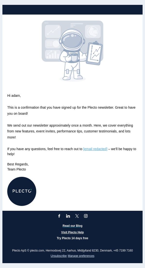 Welcome to the Plecto newsletter! email from Plecto screenshot