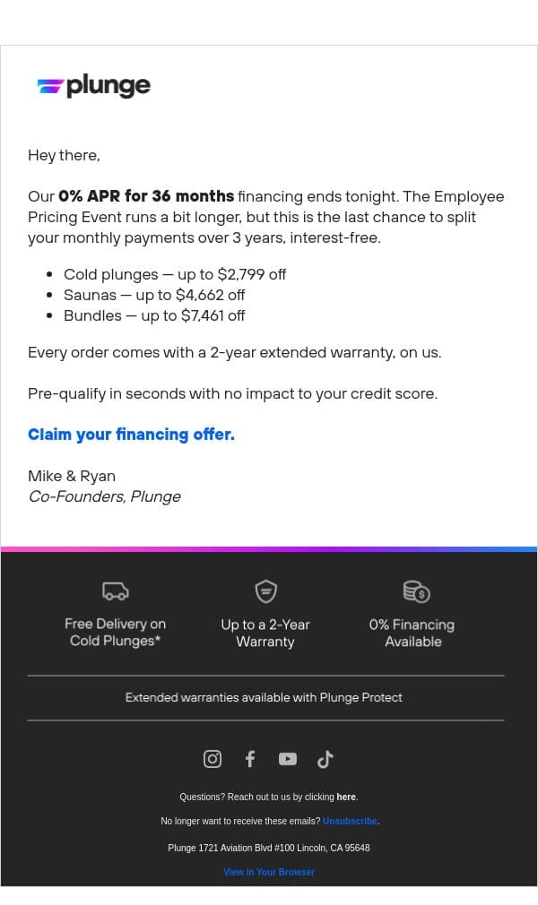 0% APR for 36 Months Ends Tonight email from Plunge screenshot
