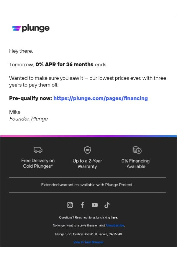 0% APR for 36 Months Ends Tomorrow email from Plunge screenshot