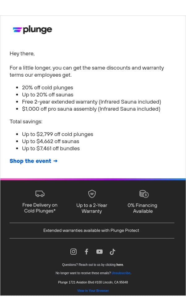We Extended Our Employee Pricing Event email from Plunge screenshot