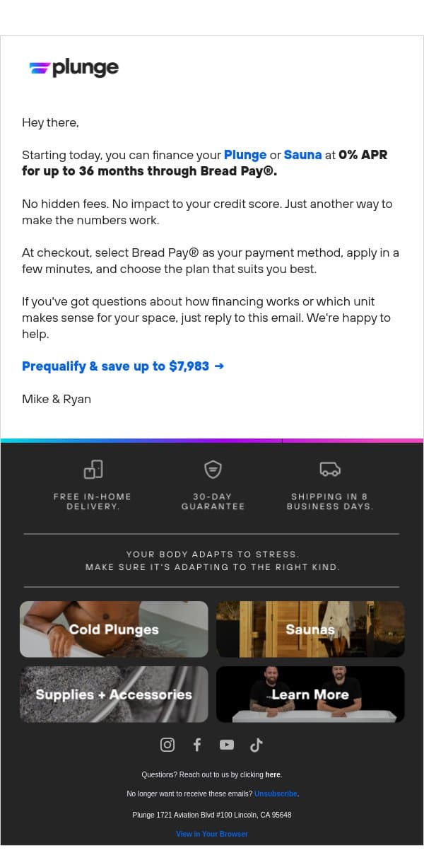 0% APR for 36 Months Is Now Live email from Plunge screenshot