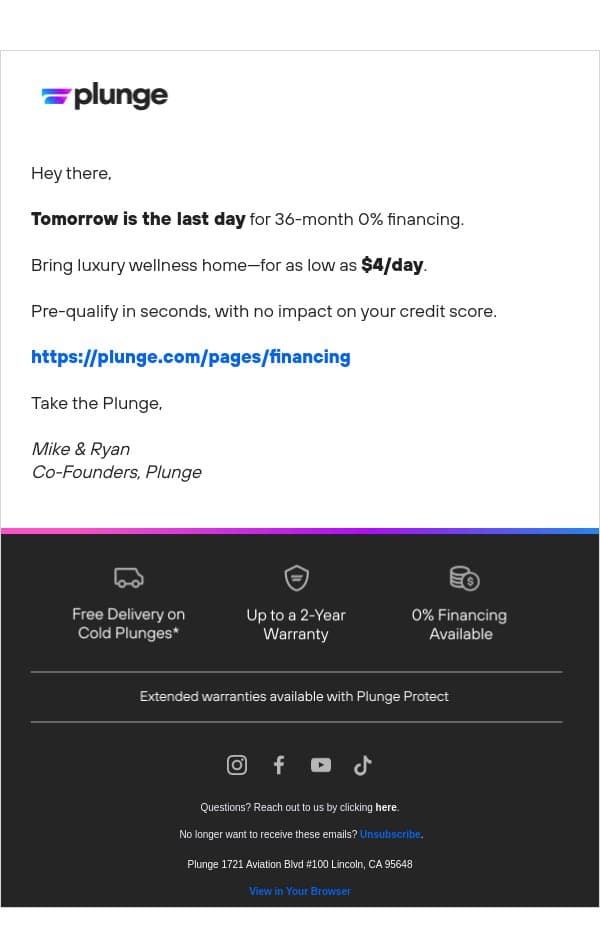 One Day Left! email from Plunge screenshot