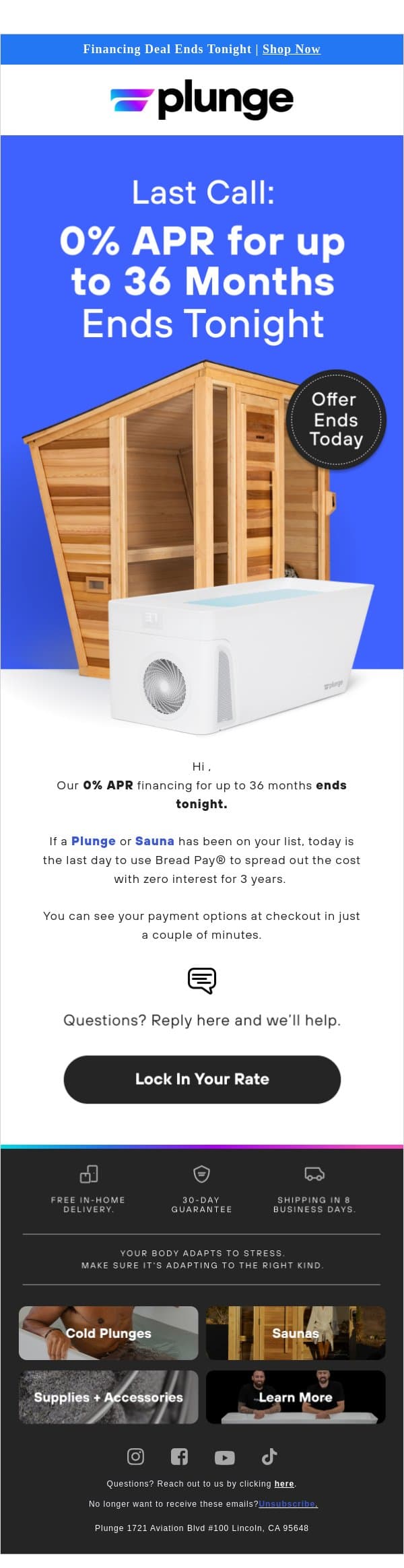 Final Hours for 0% APR for 36 Months email from Plunge screenshot