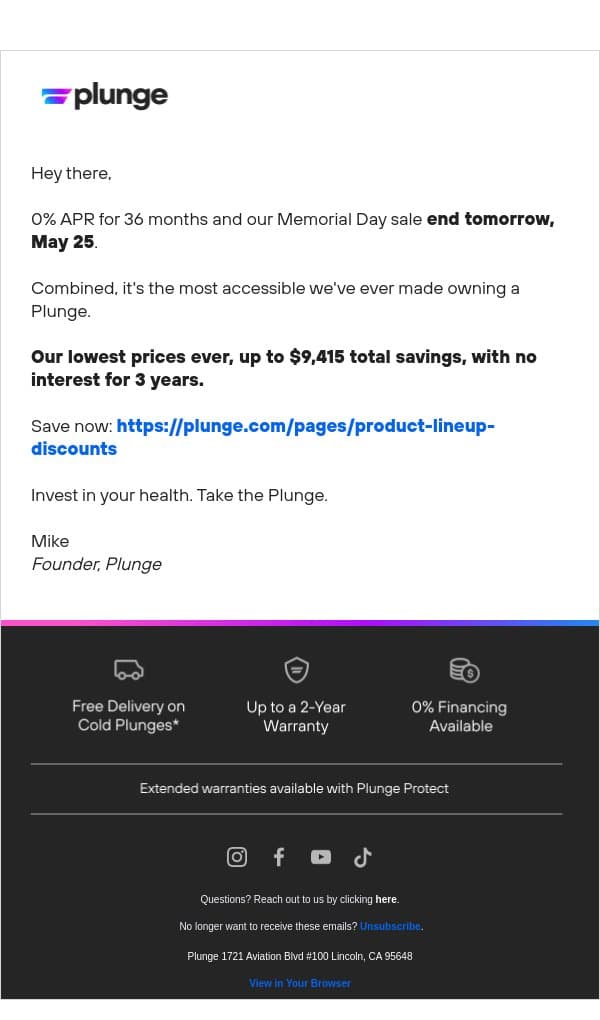 Ends Tomorrow: Lowest Prices + 0% APR email from Plunge screenshot