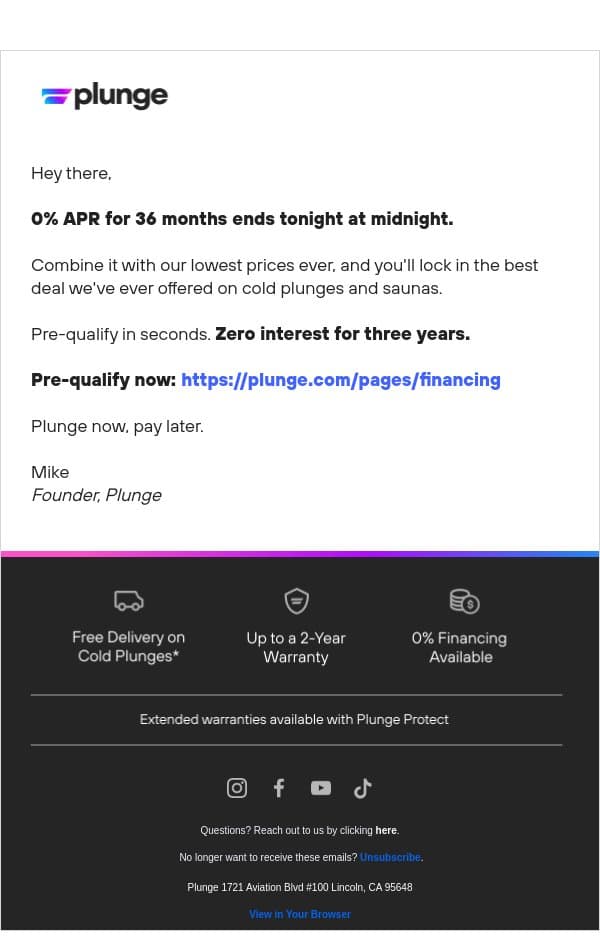 0% for 3 Years Ends Tonight email from Plunge screenshot