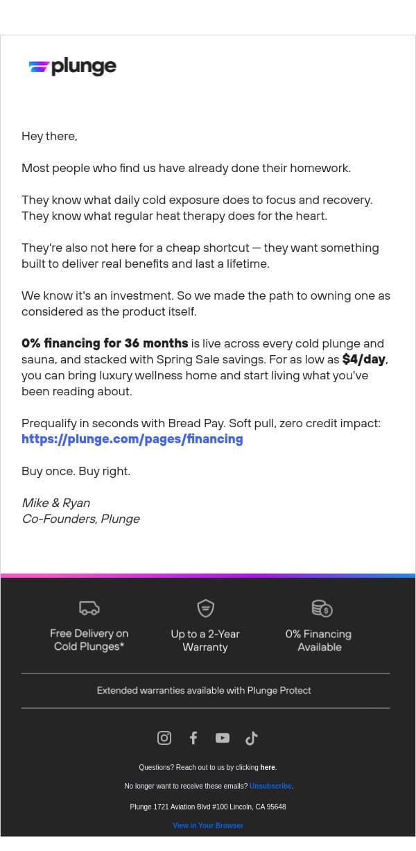 0% Financing For 36 Months Ends Soon! email from Plunge screenshot