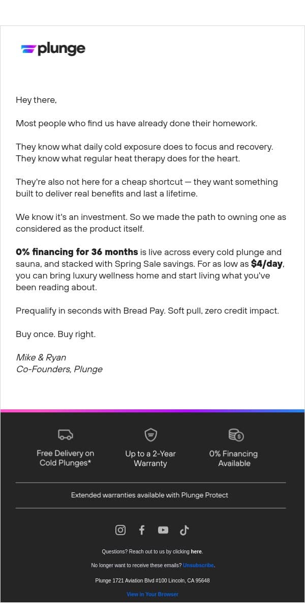 Our best terms, and our best prices. email from Plunge screenshot