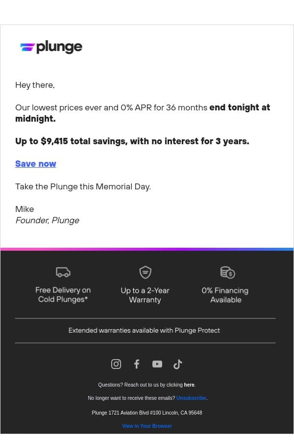Your Last Chance at Our Best Pricing Ever email from Plunge screenshot