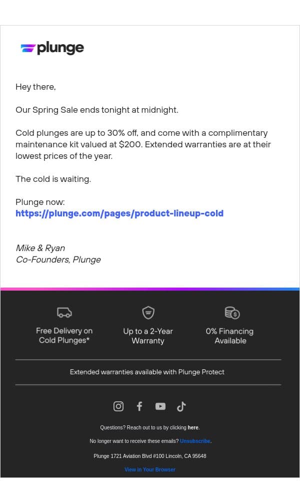 Spring Sale Ends at Midnight email from Plunge screenshot
