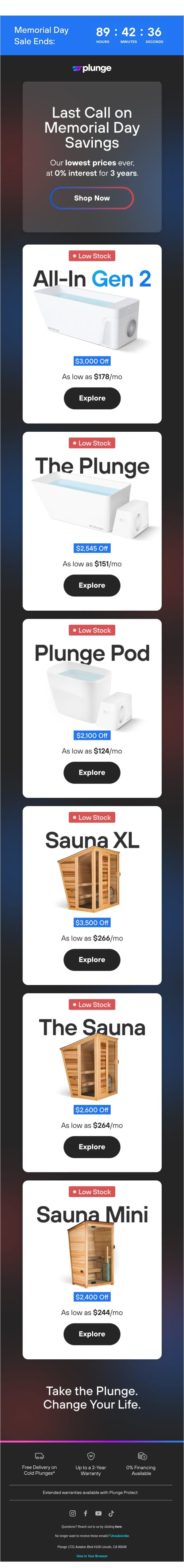 Memorial Day Sale Ends Tonight email from Plunge screenshot