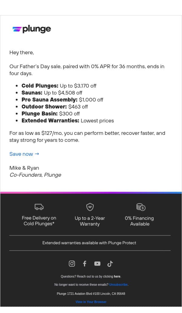 Ends Soon: Up to $7,678 Off + 36-Month 0% APR email from Plunge screenshot