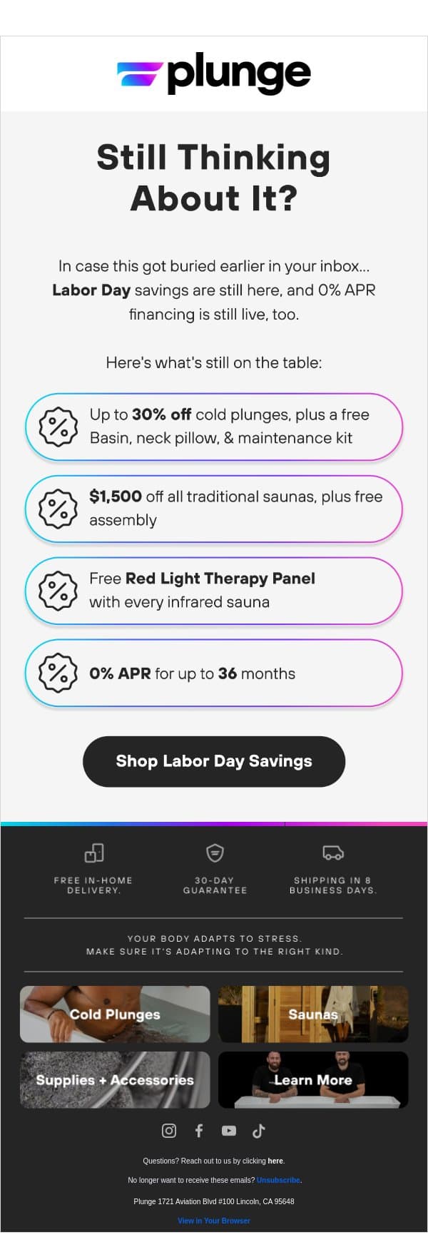 Haven't Shopped Yet? Labor Day Savings Are Here email from Plunge screenshot